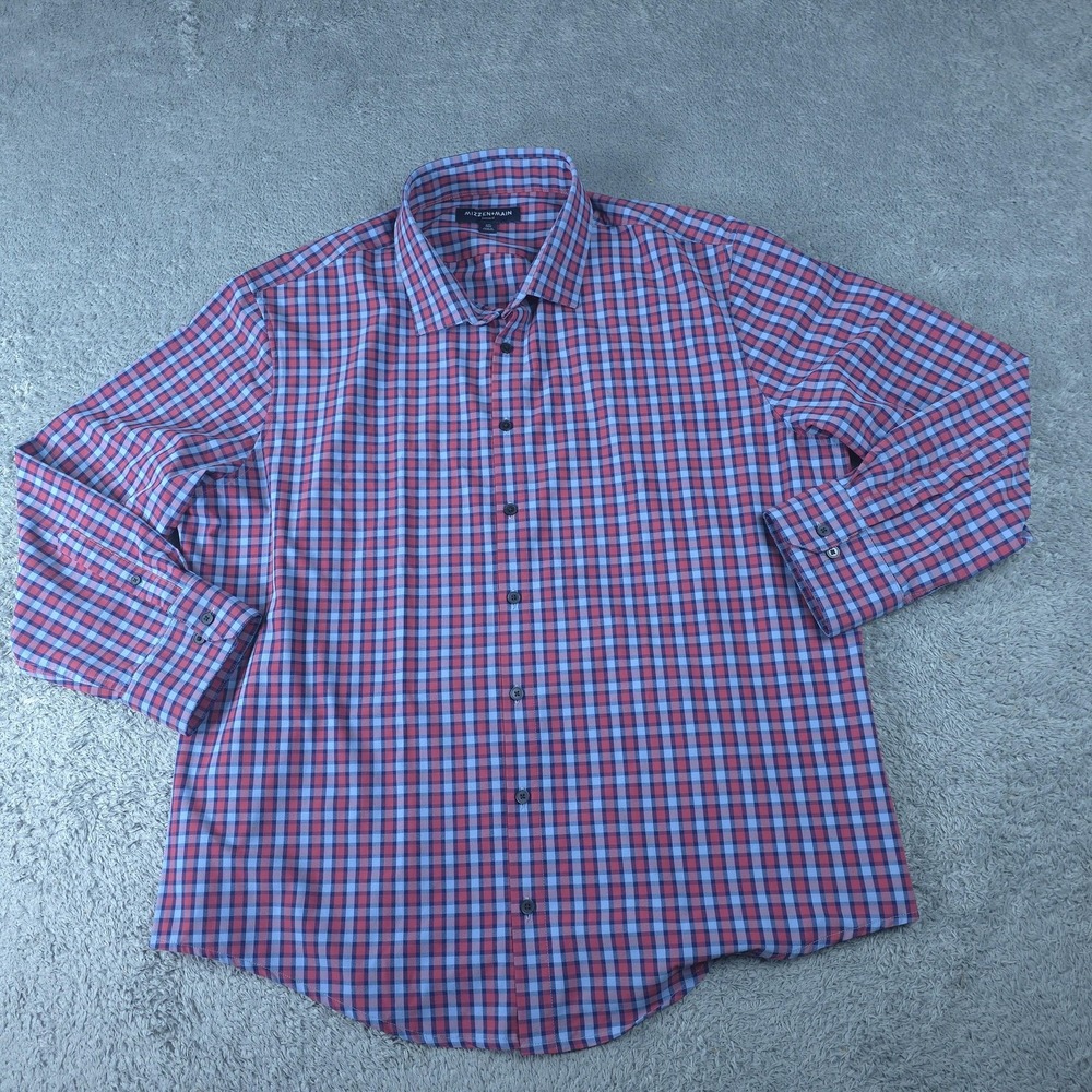 Mizzen+Main Leeward Shirt Mens XXL Red Blue Gingham Trim Fit Performance Stretch